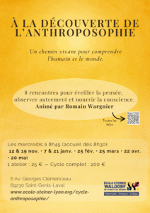 Affiche du cycle de conférences « À la découverte de l’Anthroposophie » animé par Romain Wargnier à l’École Steiner-Waldorf de Lyon